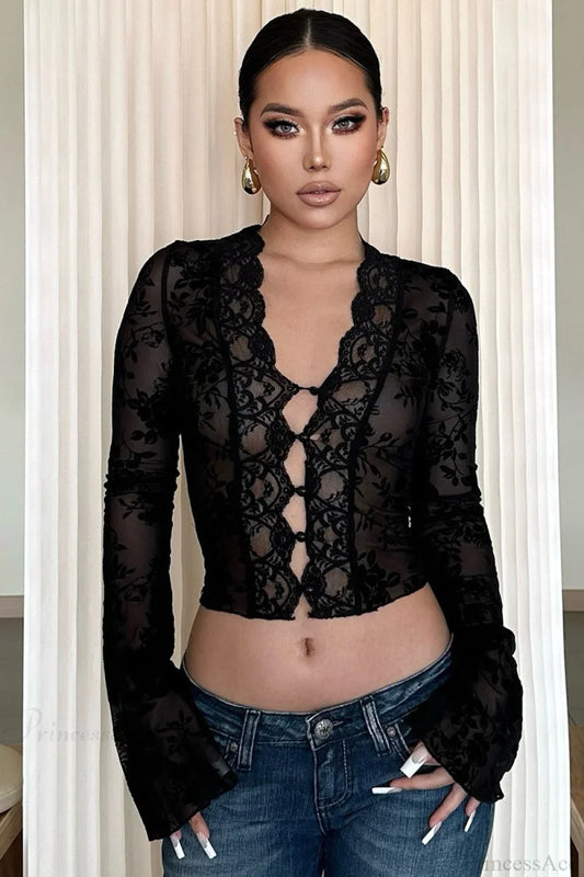 Chic Leopard Print Mesh Lace Trim Blouse