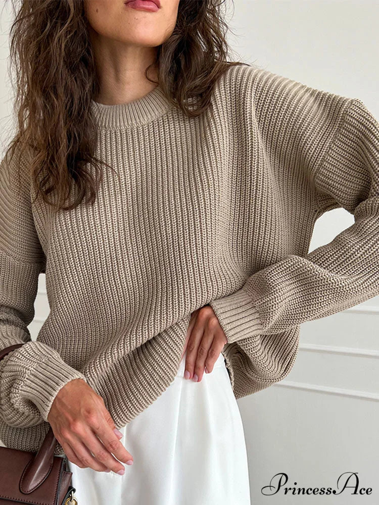 Chic O-neck Elegant Knitted Sweater Pullovers Khaki / S