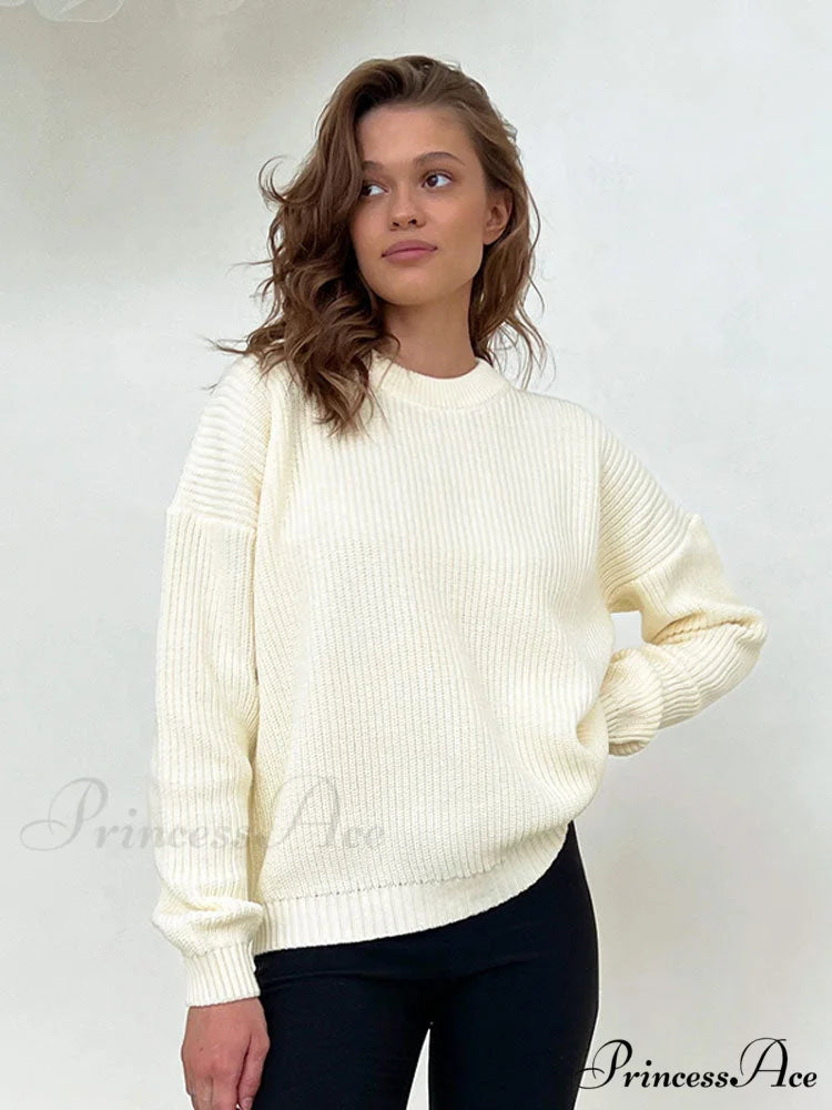 Chic O-neck Elegant Knitted Sweater Pullovers White / S
