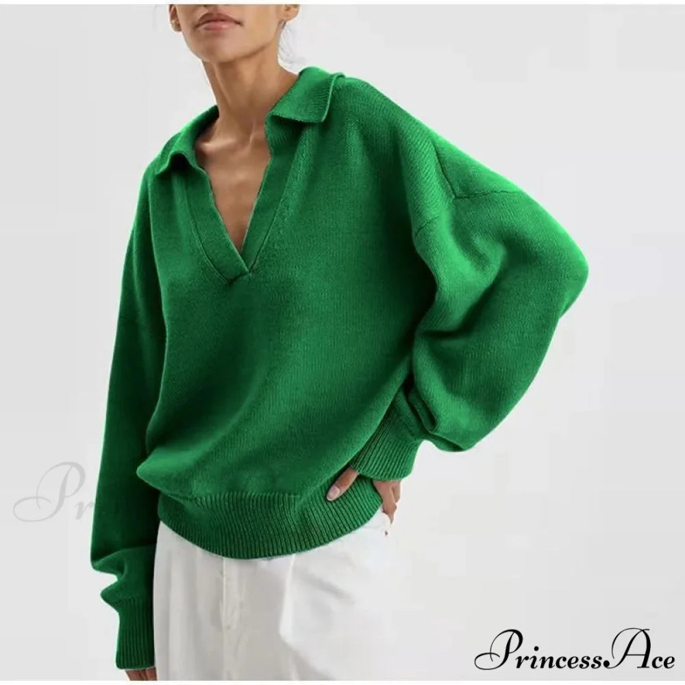 Chic Polo Collar Casual Oversized Solid Color Knitted Christmas Sweater Green / S