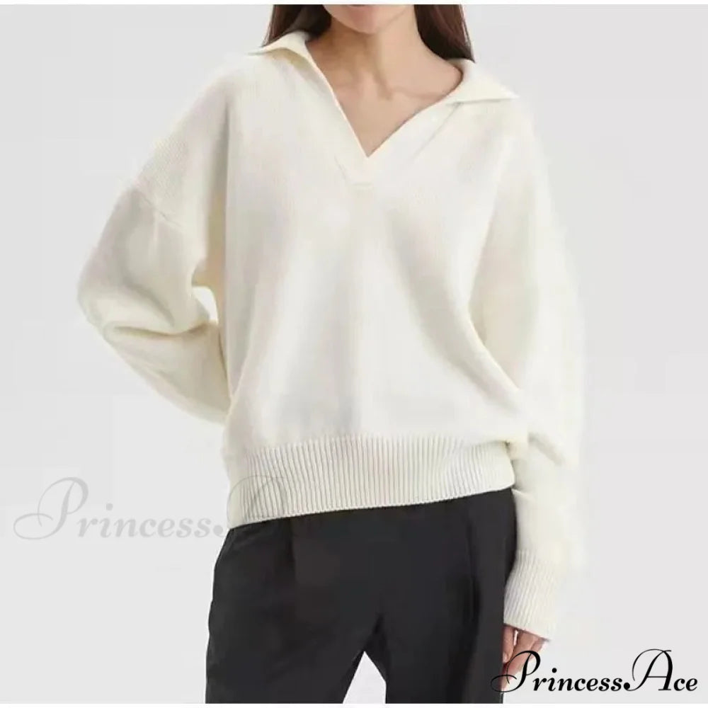 Chic Polo Collar Casual Oversized Solid Color Knitted Christmas Sweater Ivory / S