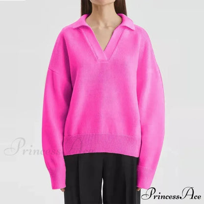 Chic Polo Collar Casual Oversized Solid Color Knitted Christmas Sweater Rose Red / S