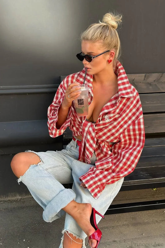 Chic Red Plaid Collared Loose Long Sleeve Blouse