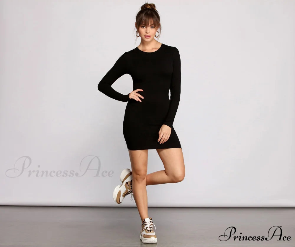 Chic Ribbed Knit Charming Basic Mini Dress BLACK / XS