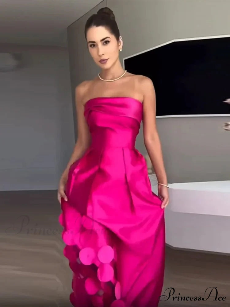 Chic Rose Red Sleeveless Satin Maxi Dress Elegant Backless Pleated Christmas Party Dress