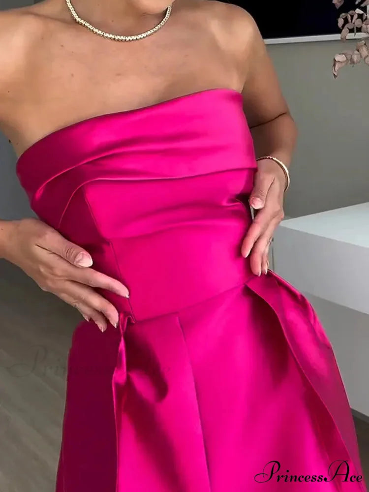 Chic Rose Red Sleeveless Satin Maxi Dress Elegant Backless Pleated Christmas Party Dress