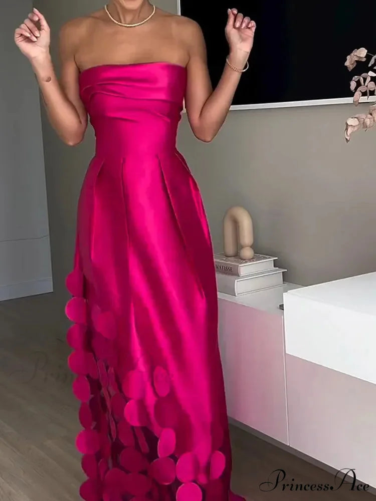 Chic Rose Red Sleeveless Satin Maxi Dress Elegant Backless Pleated Christmas Party Dress