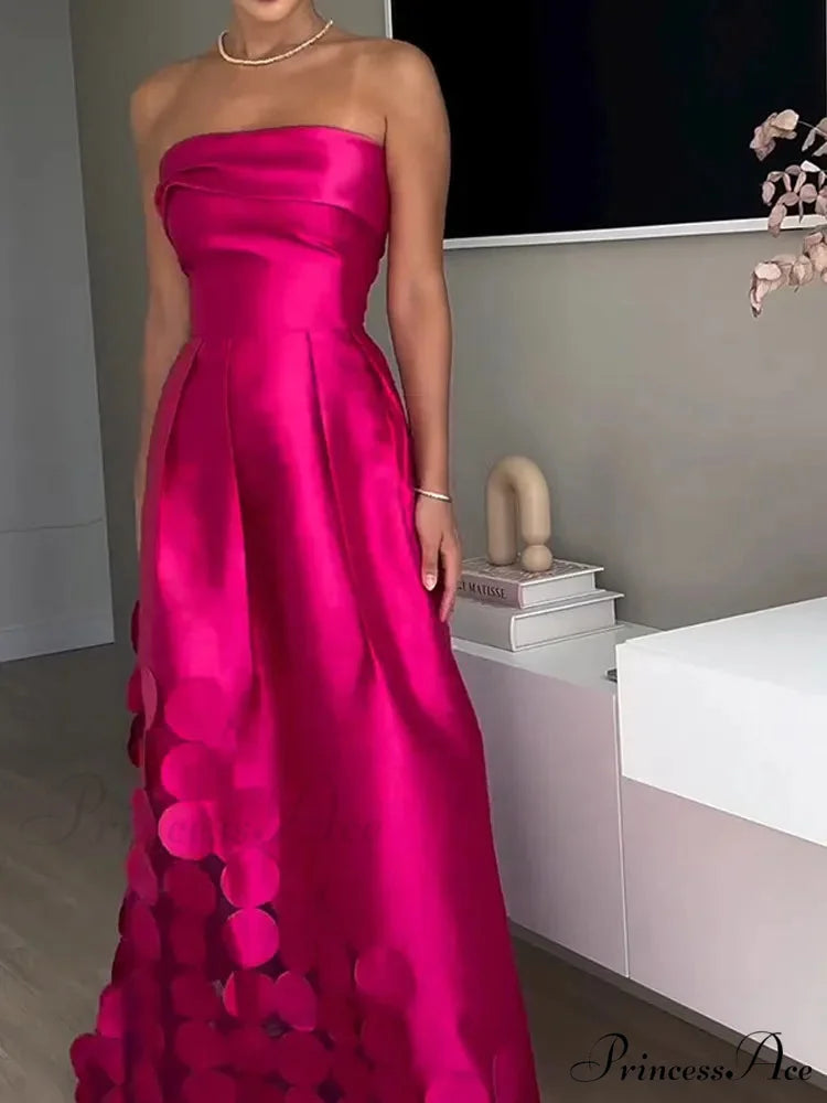 Chic Rose Red Sleeveless Satin Maxi Dress Elegant Backless Pleated Christmas Party Dress