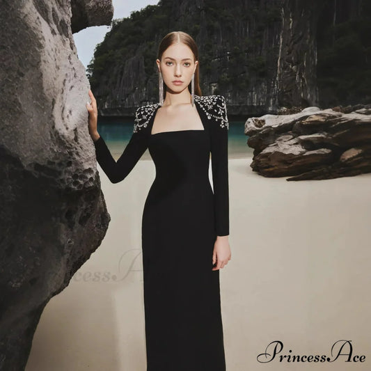 Chic Sophisticated Square Neck Long Sleeve Prom Dress promdress-250223