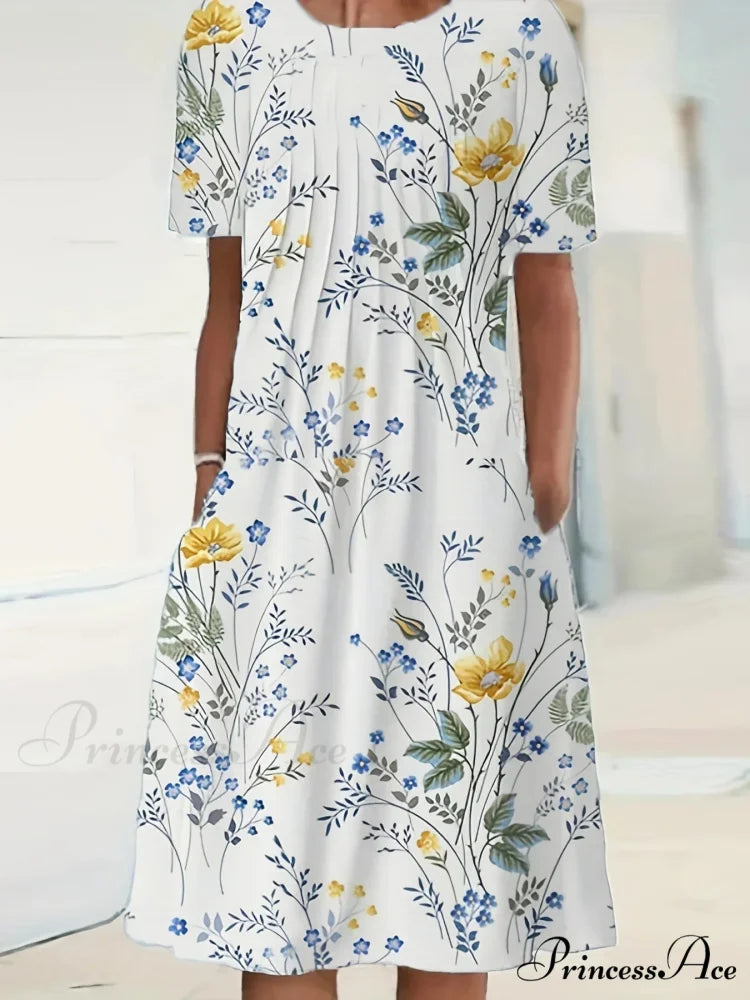 Chic Spring Summer Circular Neck Patterned Flowered Dress cloro2 / S oldfloraldress-250126