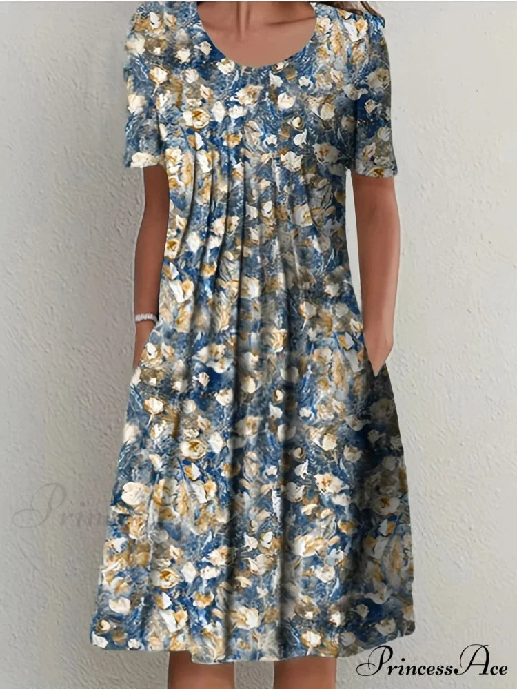 Chic Spring Summer Circular Neck Patterned Flowered Dress cloro3 / S oldfloraldress-250126