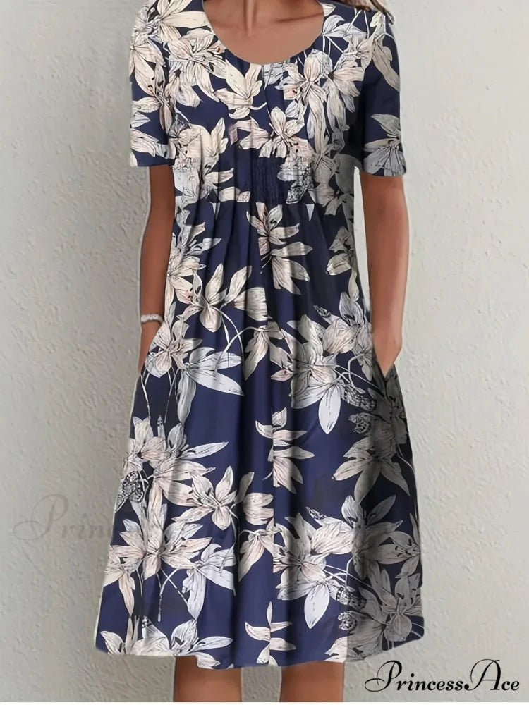 Chic Spring Summer Circular Neck Patterned Flowered Dress cloro4 / S oldfloraldress-250126