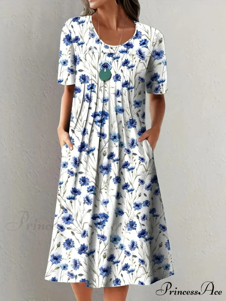 Chic Spring Summer Circular Neck Patterned Flowered Dress cloro8 / S oldfloraldress-250126