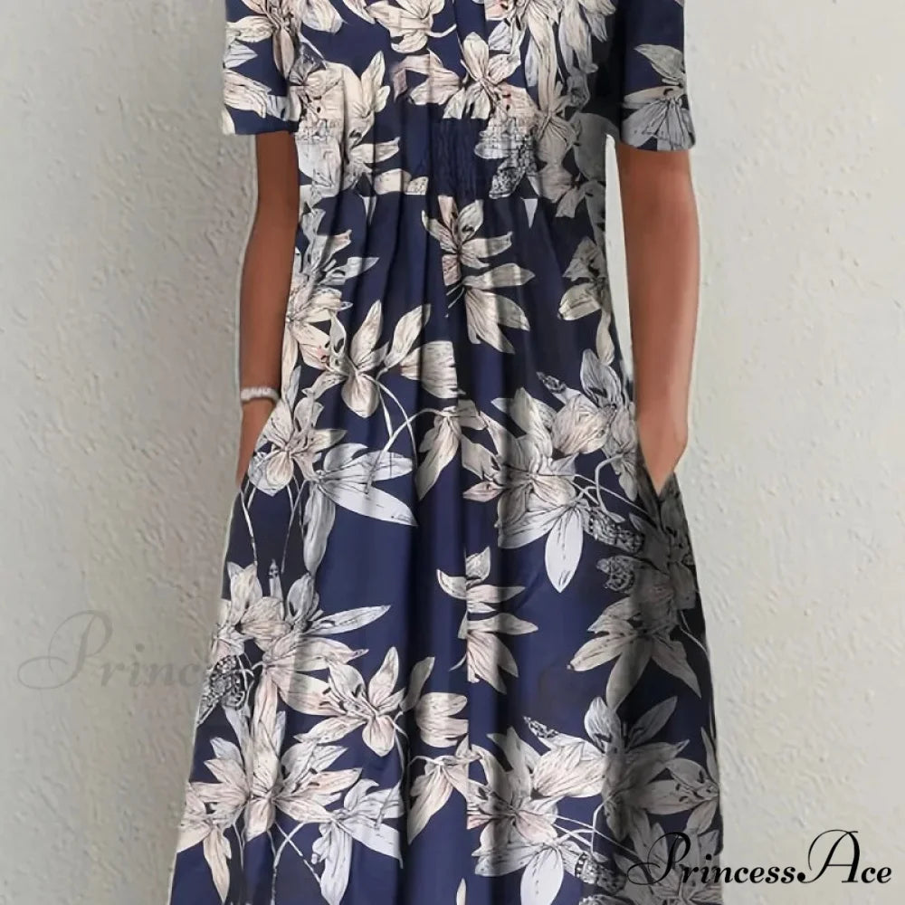 Chic Spring Summer Circular Neck Patterned Flowered Dress oldfloraldress-250126