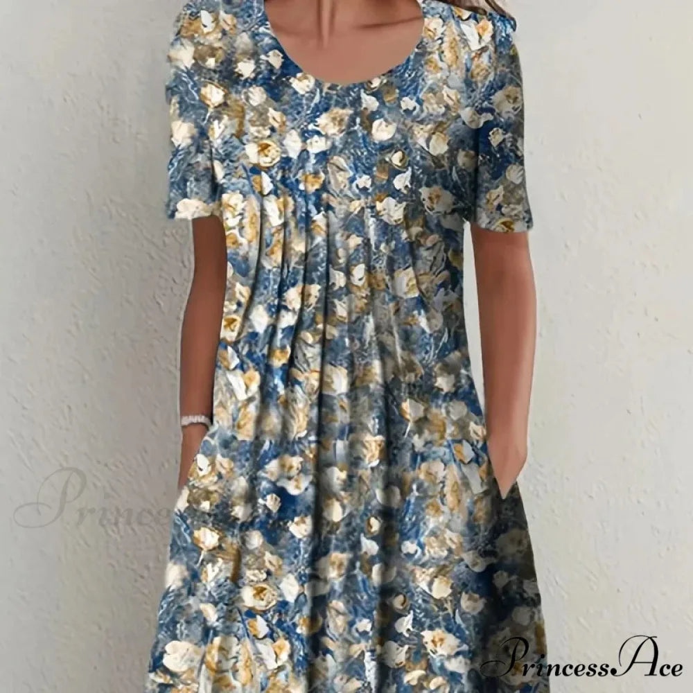 Chic Spring Summer Circular Neck Patterned Flowered Dress oldfloraldress-250126