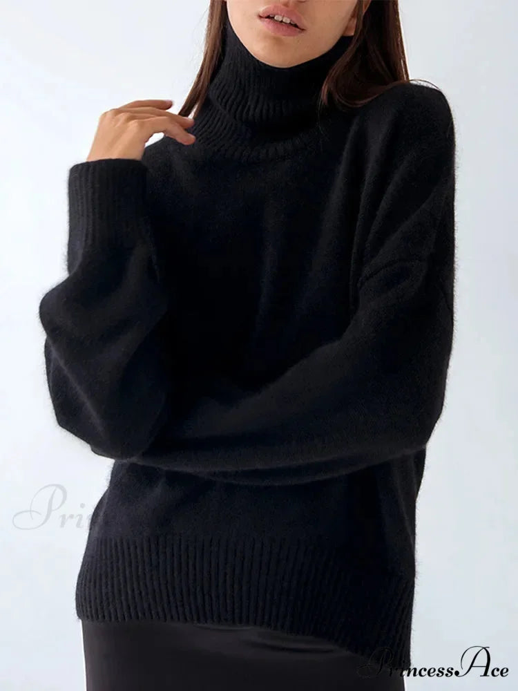 Chic Thickened Inner Wear Solid Fashion Knitted Jumper Christmas Sweater Black / S