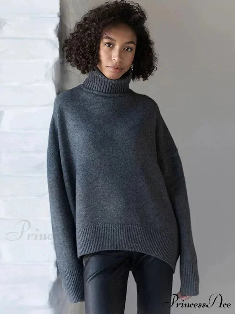 Chic Thickened Inner Wear Solid Fashion Knitted Jumper Christmas Sweater Dark gray / S