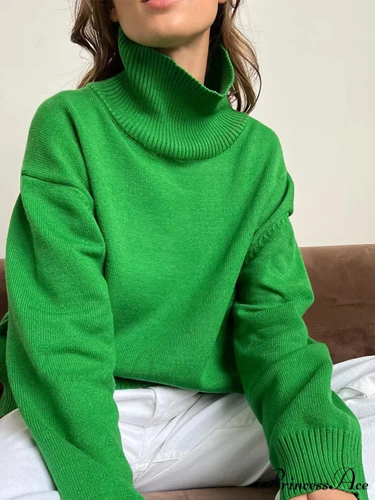 Chic Thickened Inner Wear Solid Fashion Knitted Jumper Christmas Sweater Green / S