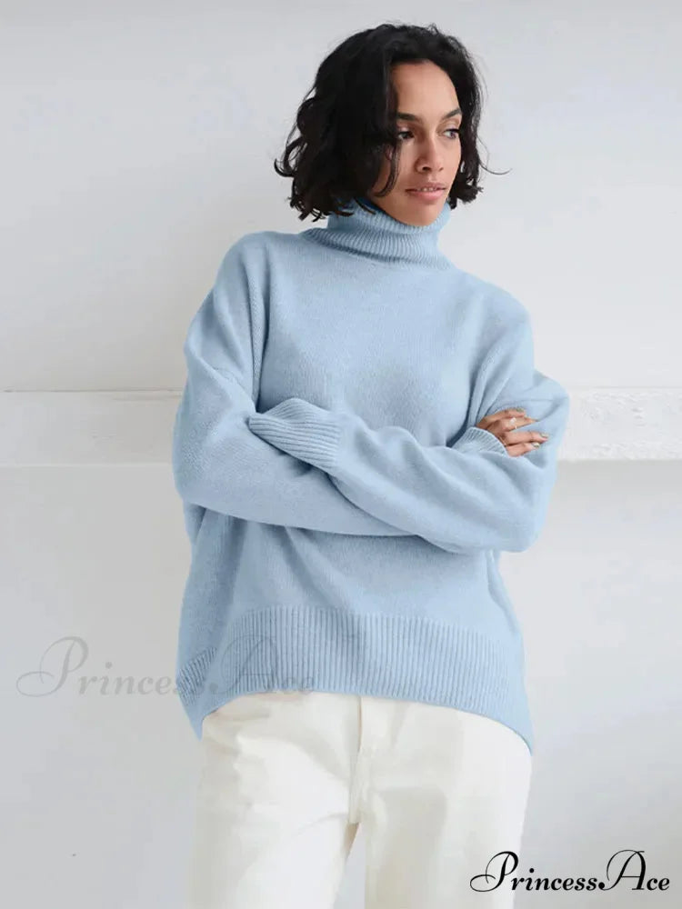 Chic Thickened Inner Wear Solid Fashion Knitted Jumper Christmas Sweater Light blue / S