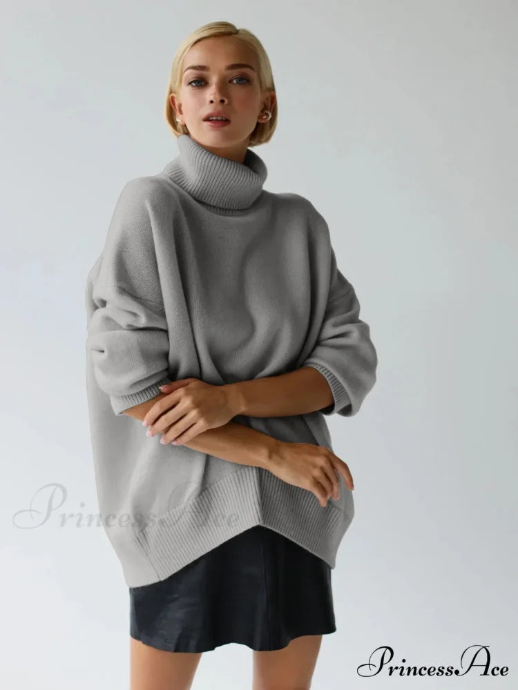 Chic Thickened Inner Wear Solid Fashion Knitted Jumper Christmas Sweater LIGHT GREY / S
