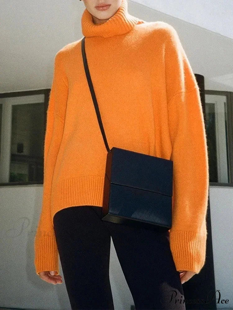 Chic Thickened Inner Wear Solid Fashion Knitted Jumper Christmas Sweater Orange / S