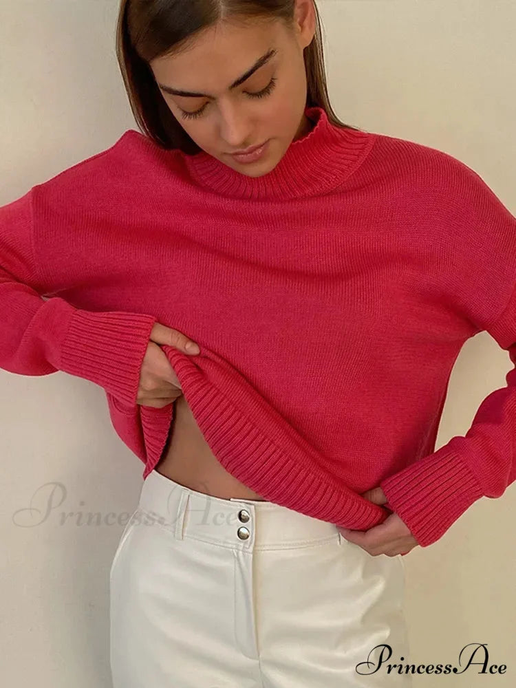 Chic Thickened Inner Wear Solid Fashion Knitted Jumper Christmas Sweater rose red / S
