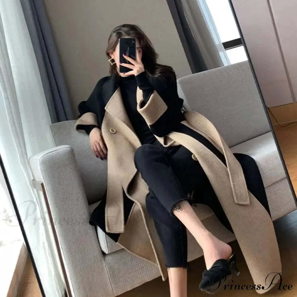 Chic Woolen Patchwork Double-breasted Anti-wrinkle Lapel Winter High Sense Stylish Coat