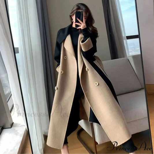 Chic Woolen Patchwork Double-breasted Anti-wrinkle Lapel Winter High Sense Stylish Coat