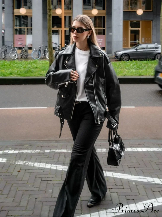 Chic Zipper Collar Leather Fashion Long Sleeved Pocket Black Autumn Stylish Coat