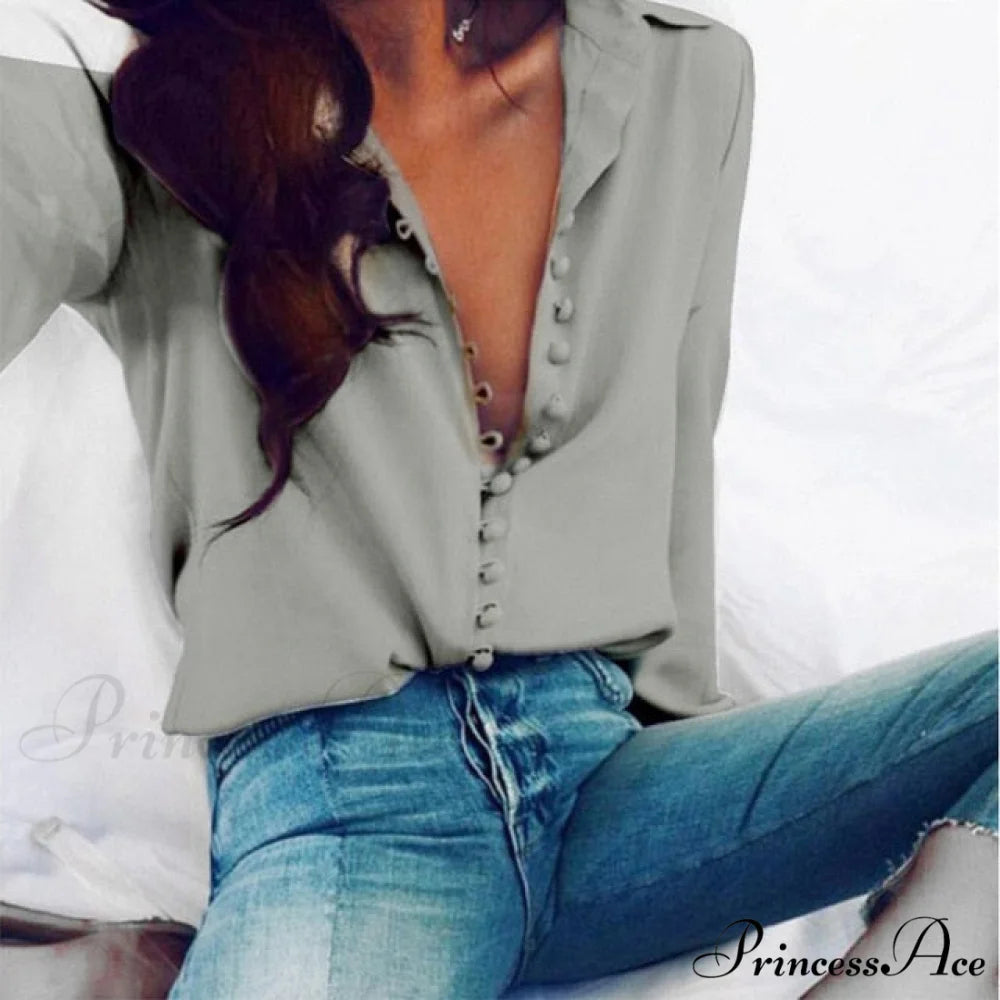 Chiffon Arm Blouse Ladies Top in Solid Casual - with Women Blouse Long Buttons Office Color Spring - White L / Gray