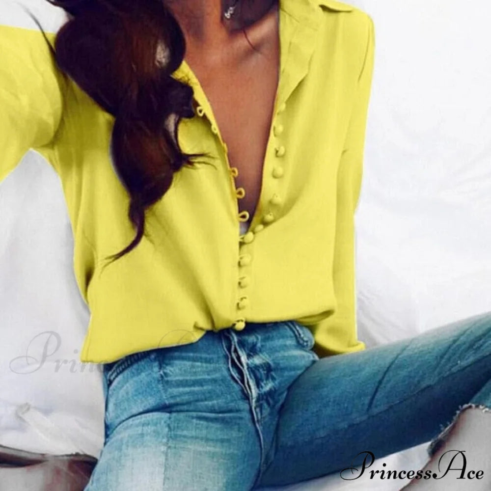 Chiffon Arm Blouse Ladies Top in Solid Casual - with Women Blouse Long Buttons Office Color Spring - White L / Yellow