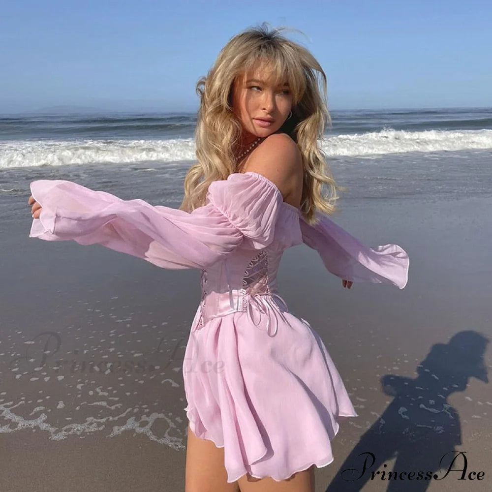 Chiffon Detachable Corset Charming Puff Sleeve Mini Dresses