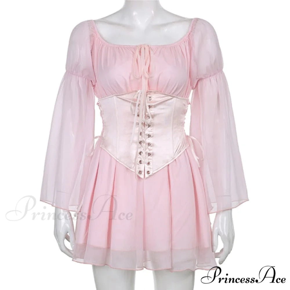 Chiffon Detachable Corset Charming Puff Sleeve Mini Dresses setPINK / L