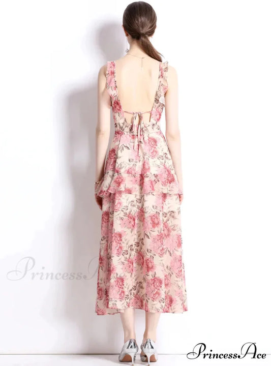Chiffon Floral Backless Dress for Summer