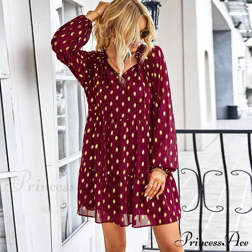 Chiffon for Vintage Gown Casual Bohemian Brief Party Women Design Dot - Sundress Burgundy / S