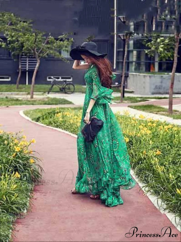 Chiffon Gown V-Neck Full-Length Bohemia Flared Green with Sleeves