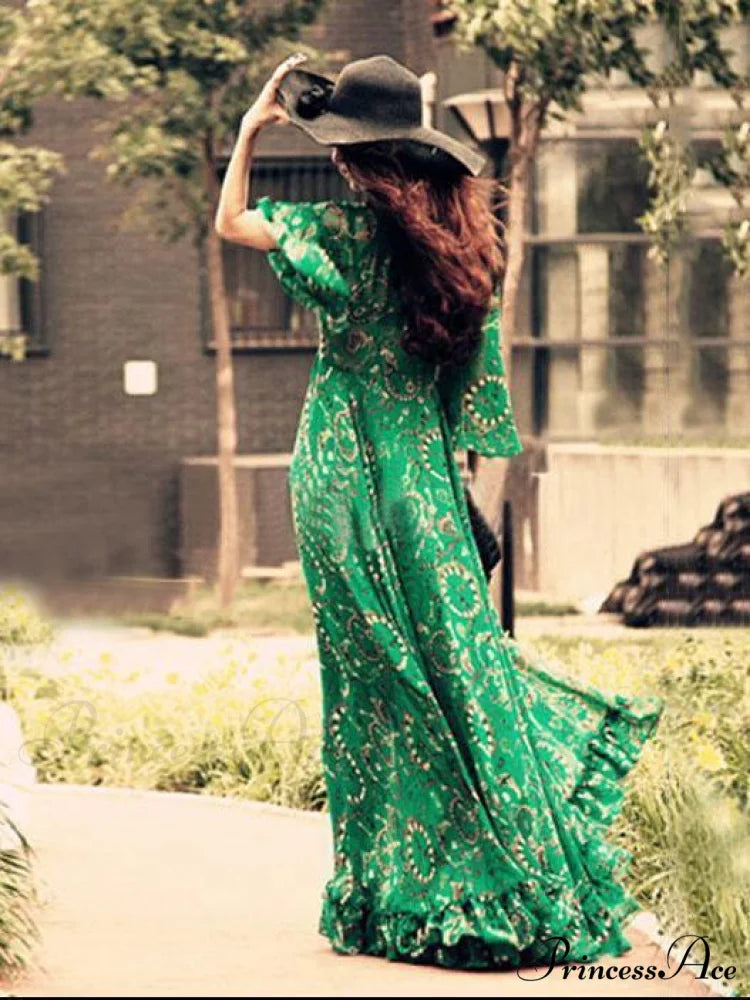 Chiffon Gown V-Neck Full-Length Bohemia Flared Green with Sleeves