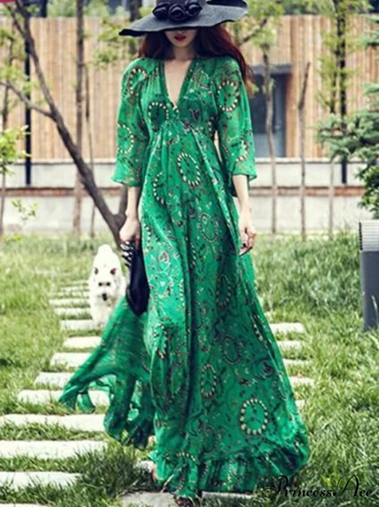 Chiffon Gown V-Neck Full-Length Bohemia Flared Green with Sleeves