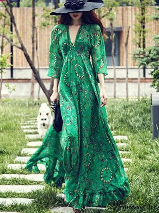 Chiffon Gown V-Neck Full-Length Bohemia Flared Green with Sleeves