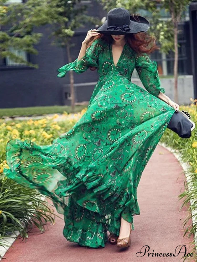 Chiffon Gown V-Neck Full-Length Bohemia Flared Green with Sleeves
