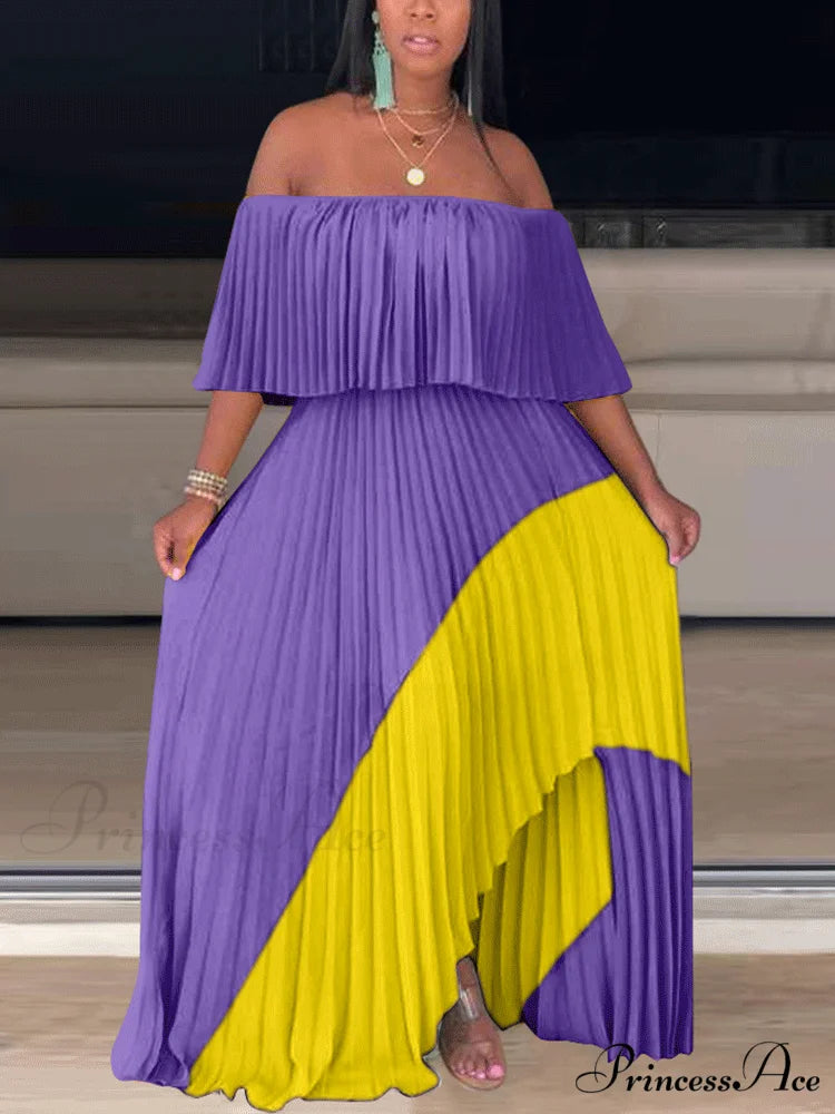 Chiffon High Waist Panel Trim Classic Pleated Midi Skirt - Black Purple / L