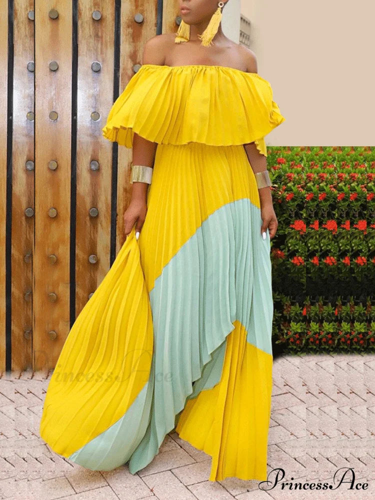Chiffon High Waist Panel Trim Classic Pleated Midi Skirt - Black Yellow / L