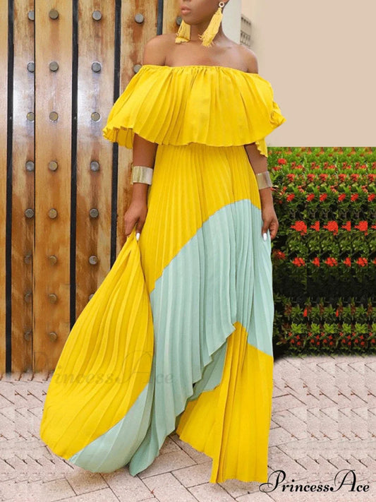 Chiffon High Waist Panel Trim Classic Pleated Midi Skirt - Black Yellow / L