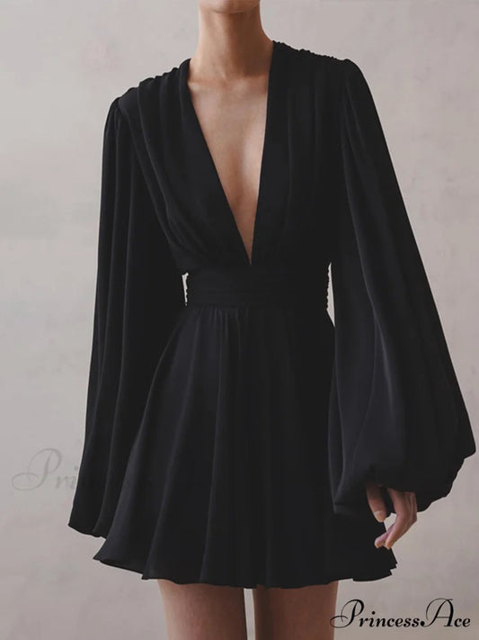 Chiffon Low Cut V-neck Modern Pleated Zip Mini Dress Black / XS