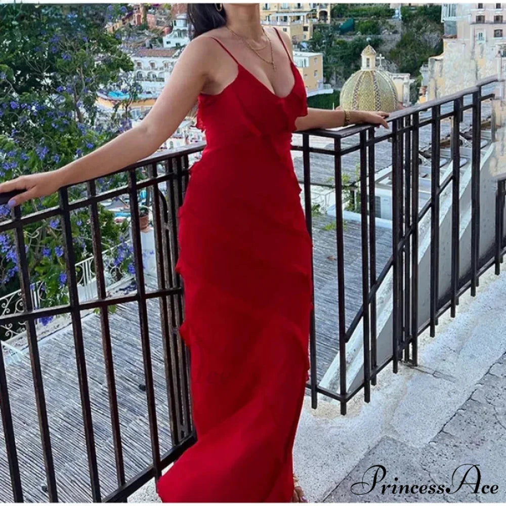 Chiffon Maxi Dress with Ruffles and Backless Split - Sexy Long Summer Wedding/Christmas Party Outfit