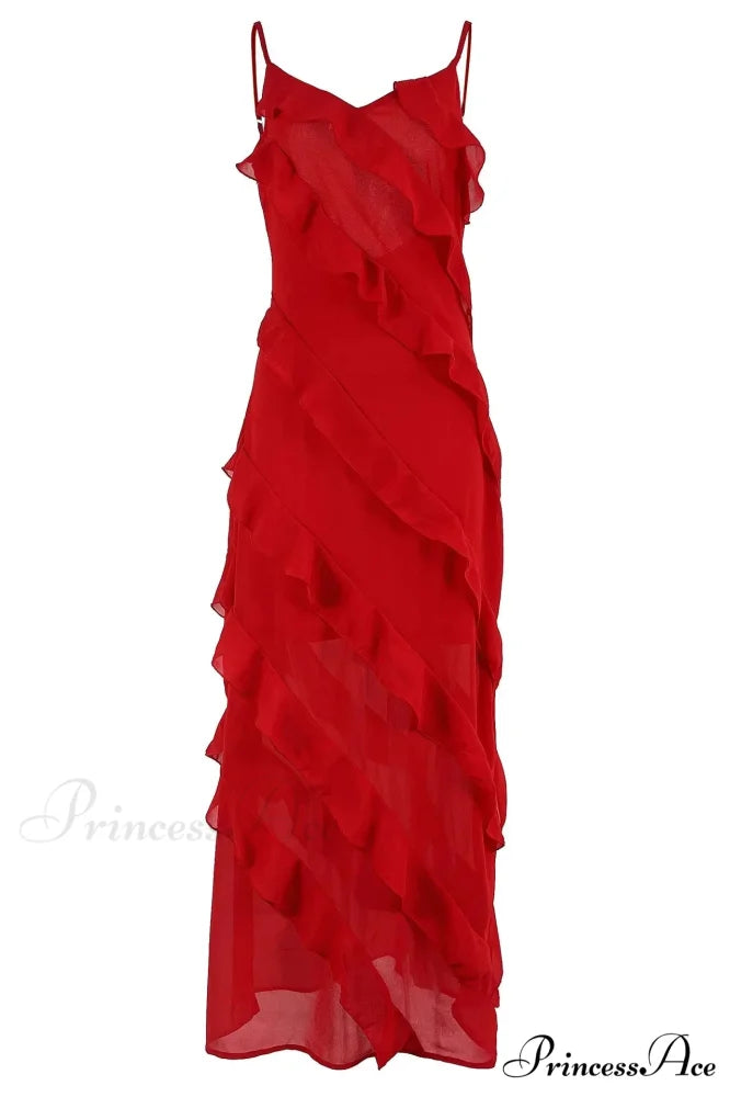 Chiffon Maxi Dress with Ruffles and Backless Split - Sexy Long Summer Wedding/Christmas Party Outfit Red / S