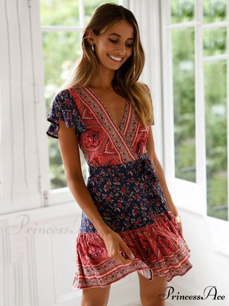 Chiffon Printed Belted V-Neck Mini Dress for Summer L / RED