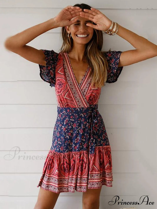 Chiffon Printed Belted V-Neck Mini Dress for Summer S / BLUE