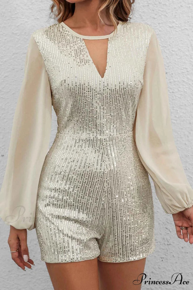 Chiffon Rompers with Slit Sleeves and Sequins Silver / M