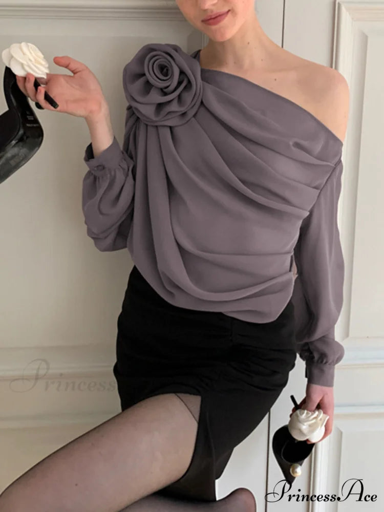 Chiffon Semi-sheer One Trendy Shoulder Asymmetrical Top